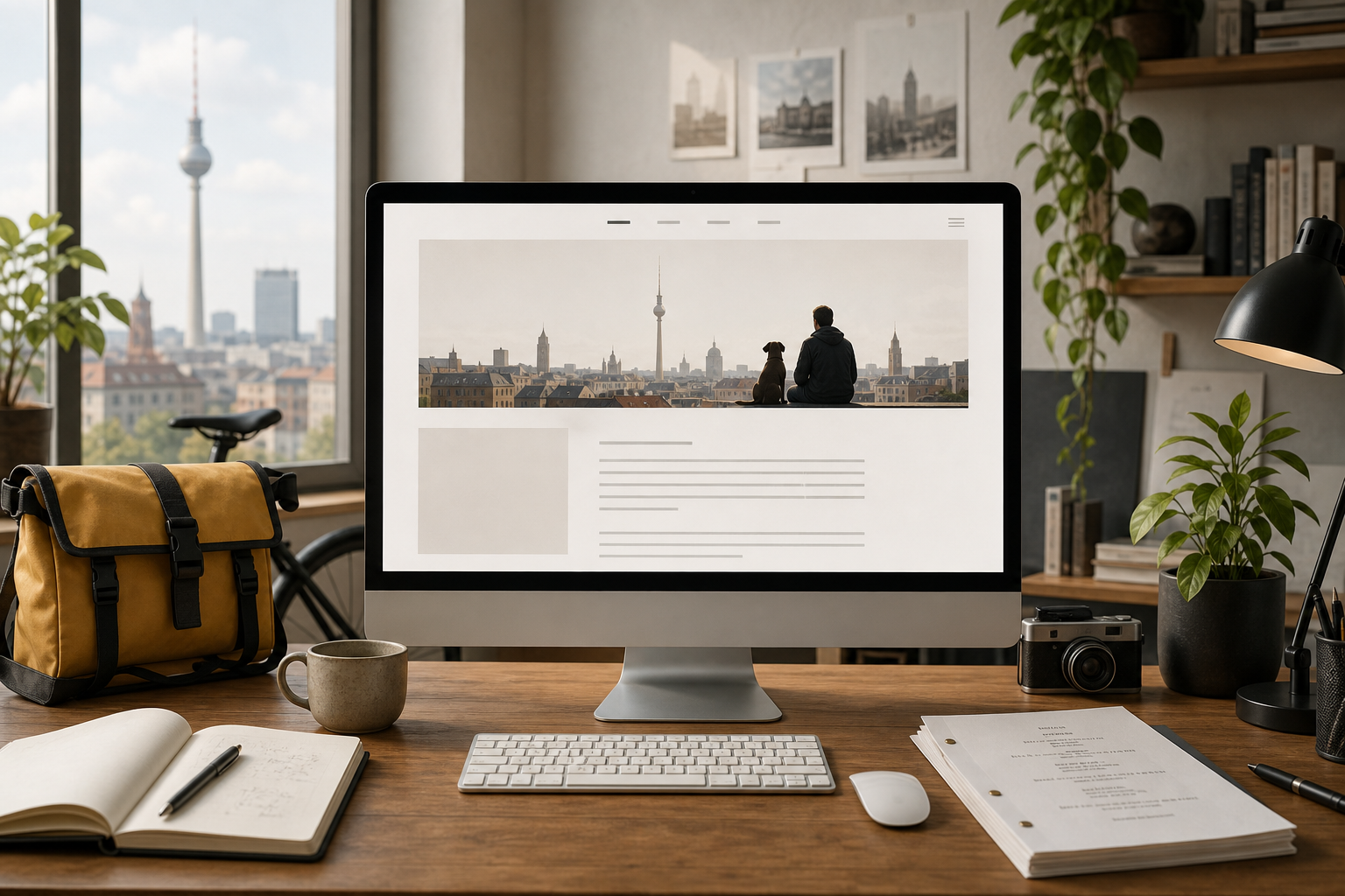 Arbeitsplatz mit Computer, auf dem eine Webseite mit Berliner Skyline und sitzendem Mann mit Hund angezeigt wird